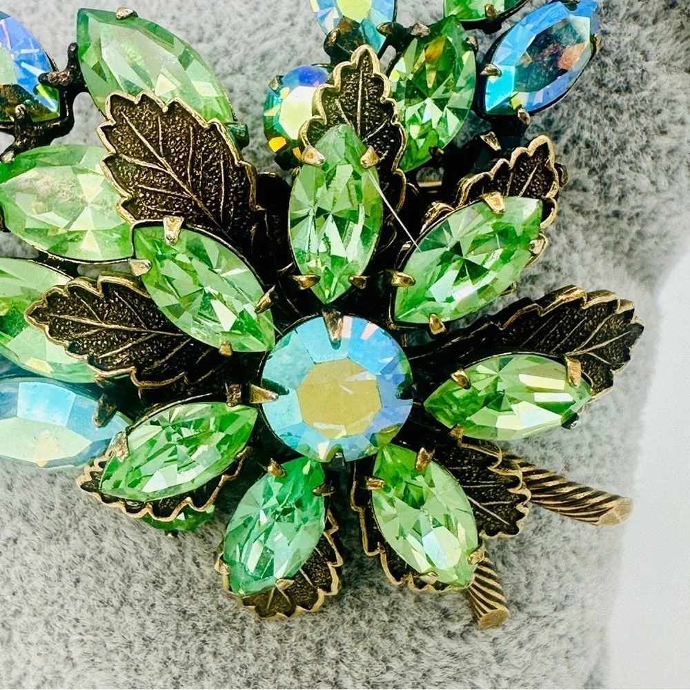 Vintage Signed Regency Brooch Pin Green Blue AB Navette Rhinestone Rare 50s 60s